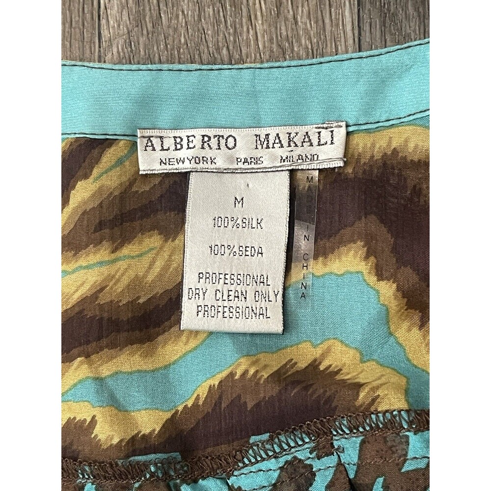 Alberto Makali 100% Silk Blouse Women Teal Animal print Medium Sheer - Picture 8 of 8